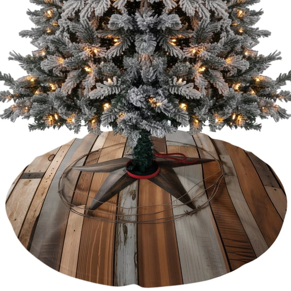 Country Star Brown Christmas Tree Skirt 36 Inches, Western Texas Vintage Farmhouse Wooden Xmas Trees Skirt Mat Cover Decorations for Holiday Party Indoor Outdoor