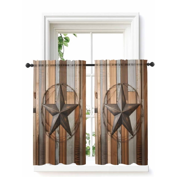 Country Star Brown Curtains 54 Inch Length,Sheer Curtains for Bedroom Living Room Window Western Texas Vintage Farmhouse Wooden Rod Pocket Drapes Kitchen Curtains Small Half Window 52"x54" 2 Panels