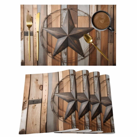 Country Star Brown Placemats Set of 8, Western Texas Vintage Farmhouse Wooden Placemats for Dining Table, Place Mats for Kitchen Tabletop, Waterproof Wipeable Dining Table Mats Set
