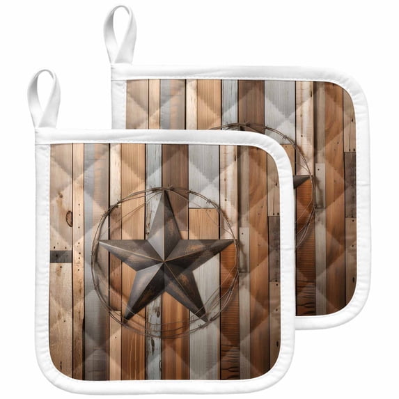 Country Star Brown Pot Holders for Kitchen Heatproof Potholder, 2 Pack Western Texas Vintage Farmhouse Wooden Hot Pads Multipurpose Oven Pads Cloth Potholders Trivet for Cooking and Baking