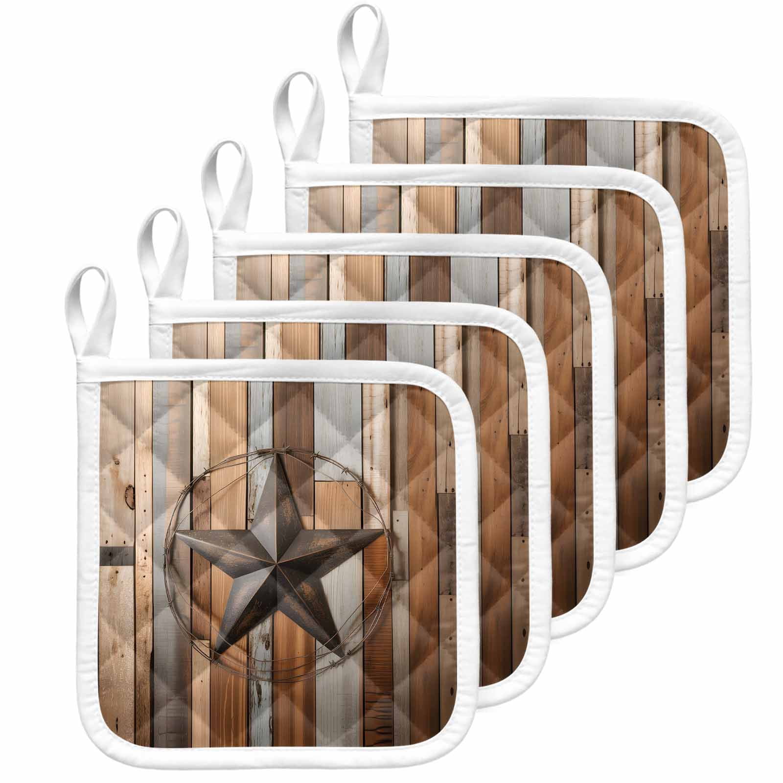 Country Star Brown Pot Holders for Kitchen Heatproof Potholder, 5 Pack Western Texas Vintage Farmhouse Wooden Hot Pads Multipurpose Oven Pads Cloth Potholders Trivet for Cooking Baking