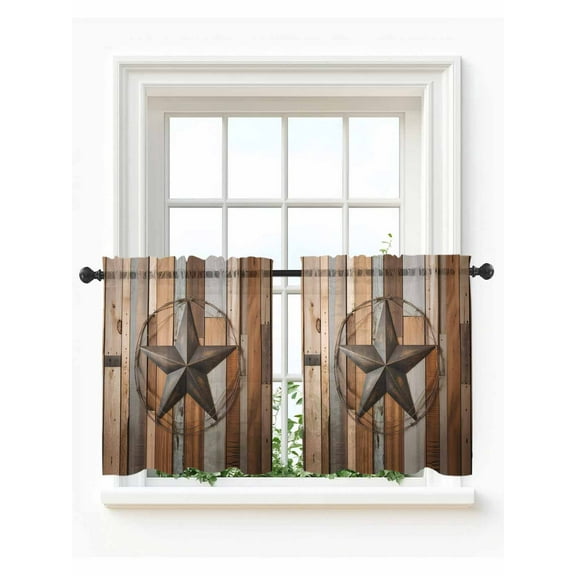 Country Star Brown Tier Curtains 36 Inch Length,Sheer Curtains for Bedroom Living Room Window Western Texas Vintage Farmhouse Wooden Kitchen Curtains Small Half Window Drapes 27.5"x36" 2 Panels