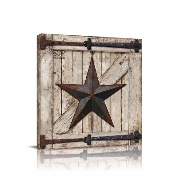 Country Star Canvas Wall Art, Retro Rust Grey Blue Star Beige Farmhouse Door Framed Wall Decor Modern Artwork Prints Painting for Living Room, Bedroom, Kitchen & Cafe Decor 20x20 Inch