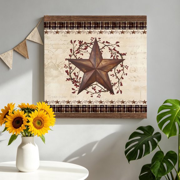 Country Star Canvas Wall Art, Rust Yellow Stars Berry Linen Texture Plaid Wood Grain Framed Canvas Wall Decor Picture Print Artwork Decorations for Living Room Office Ready to Hang 8" x 8"