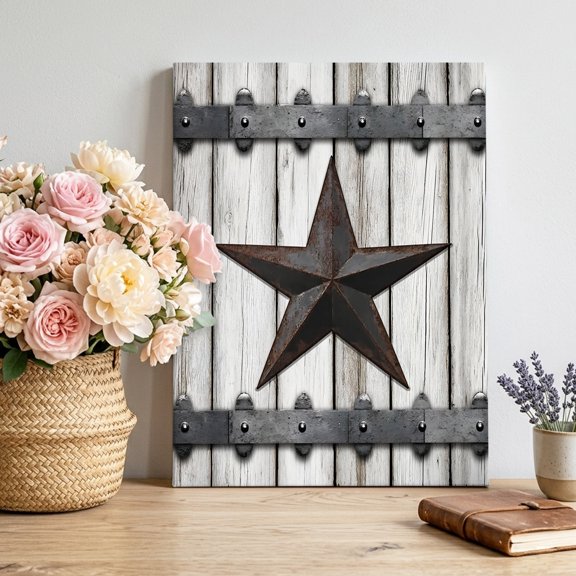 Country Star Canvas Wall Art, Vintage Rust Grey Star Rivet Beige Wood Board Framed Canvas Wall Decor Picture Print Artwork Decorations for Living Room Office Ready to Hang 10" x 8"