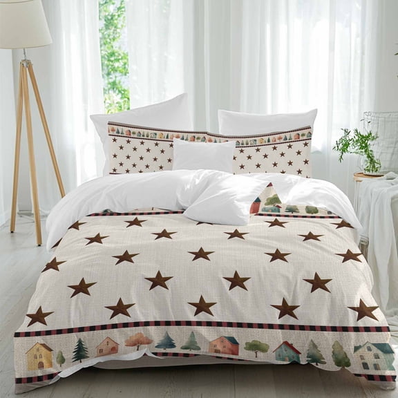 Country Star Comforter Set Queen Size, Watercolor House Tree America Countryside Soft Bedding Set for Man Woman, 4 Pieces Duvet Cover Set with Fitted Sheet, 2 Pillowcases