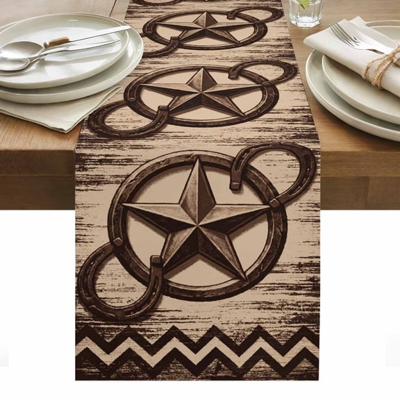 Country Star Cotton Linen Table Runner Distressed Vintage Horseshoe Brown Wood Grain Dining Table Runners for Home Decor Party Dining Room Restaurant Kitchen Party 13" x 48"