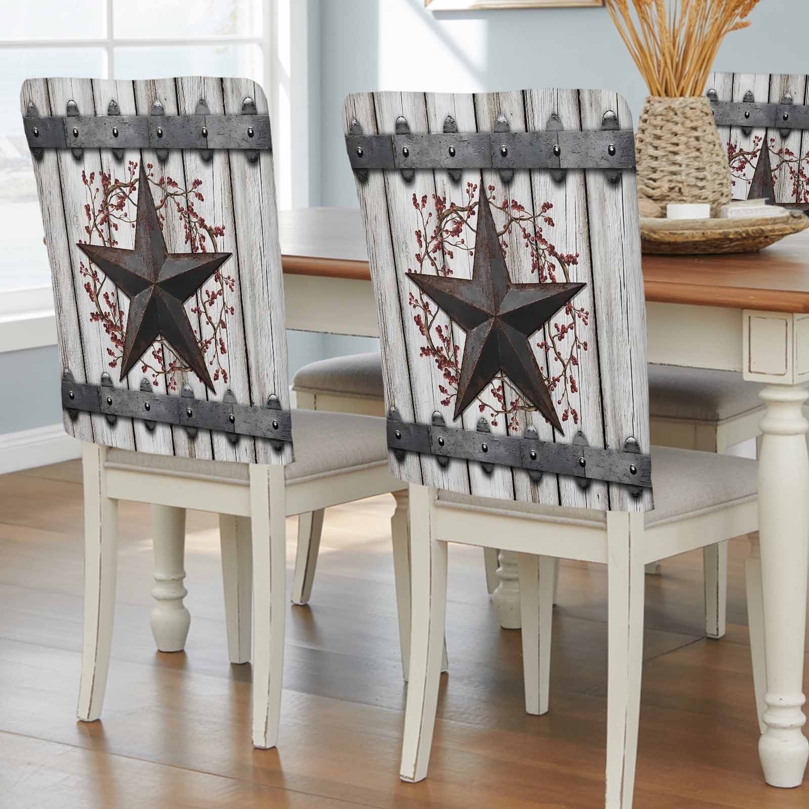 Country Star Dining Chair Back Cover Only, Vintage Rust Grey Star Berry ...