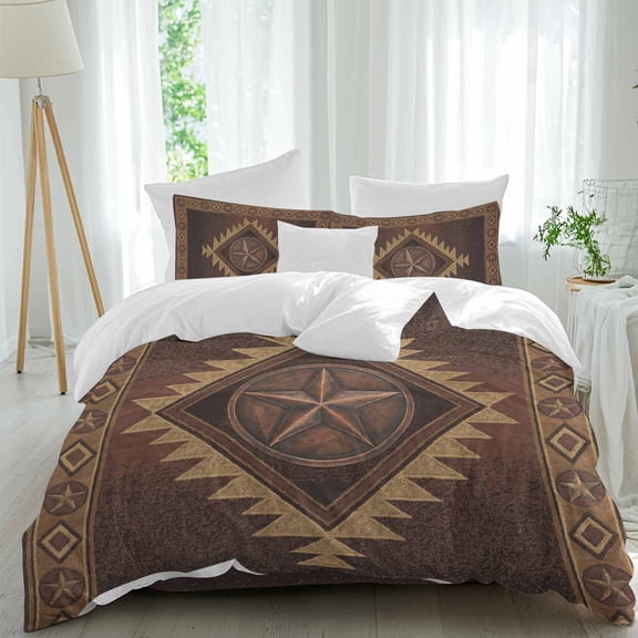 Country Star Duvet Cover Set Queen Size, Boho Brown Aztec Distressed Geometric Argyle 4 Piece Bedding Set with Zipper Closure & Corner Ties Soft Breathable Comforter Cover for Bedroom