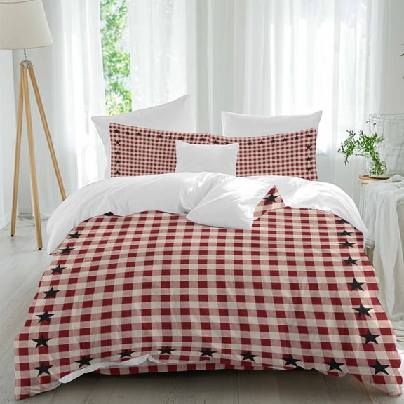 Country Star Duvet Cover Set Twin Size, Berry Red Buffalo Plaid 4 Piece Soft Microfiber Bedding Set with 1 Duvet Cover, 1 Flat Sheet, 2 Pillowcases