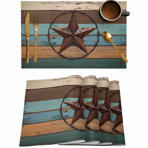 Country Star Farm Brown Wood Board Placemats Set of 4,Wipeable Washable Table Mats for Dining Tables,Retro Farmhouse Place Mats for Kitchen Event Party Tabletop Decor