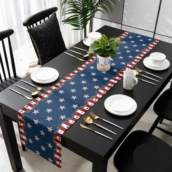 Country Star Farm Cotton Linen Small Table Runner 13 x 48 inch Red Blue Patriots Stripe American Flag Non-slip Rectangular Dining Table Decor for Wedding Party Holiday Dinner
