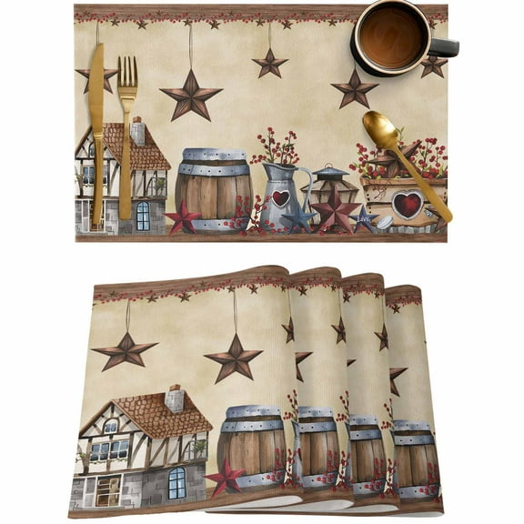 Country Star Farm House Barrel Placemats Set of 4,Wipeable Washable Table Mats for Dining Tables,Berry Retro Wooden Place Mats for Kitchen Event Party Tabletop Decor