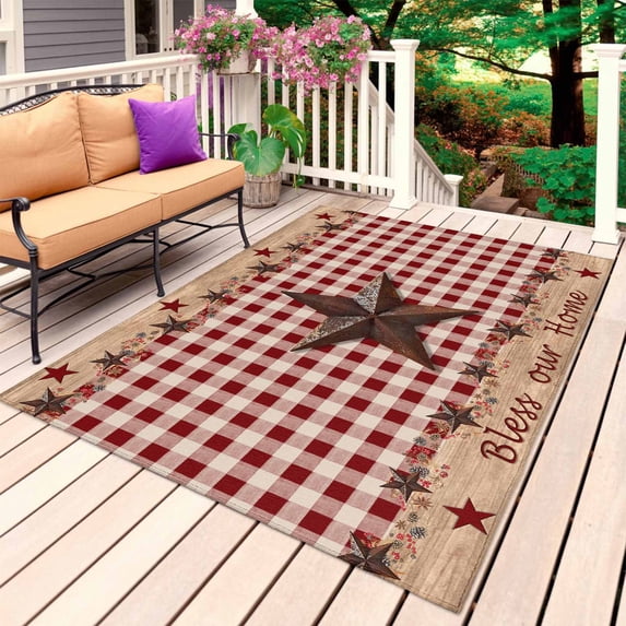 Country Star Farm Outdoor Rug for Patio/Deck/Porch, Non-Slip Large Area Rug 6 x 9 Ft, Farmhouse Plaid Texas Vintage Fruit Indoor Outdoor Rugs Washable Area Rugs, Reversible Camping Rug Carpet Runner