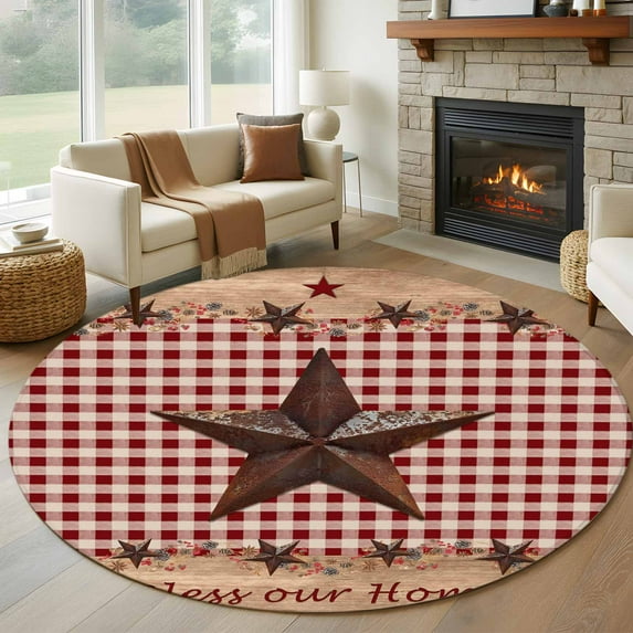Country Star Farm Round Area Rug 5 FT, Non Slip Bedroom Area Rug, Farmhouse Plaid Texas Vintage Fruit Washable Soft Circular Carpet Non-Shedding Floor Mat for Kitchen Dining Room Foyer Balcony Dorm