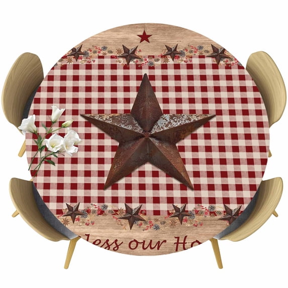 Country Star Farm Round Tablecloth, Fitted Table Cover with Elastic for 36"-44" Round Tables, Farmhouse Plaid Texas Vintage Fruit Table Cloth Outdoor Indoor Dinning Party Waterproof Tablecloths