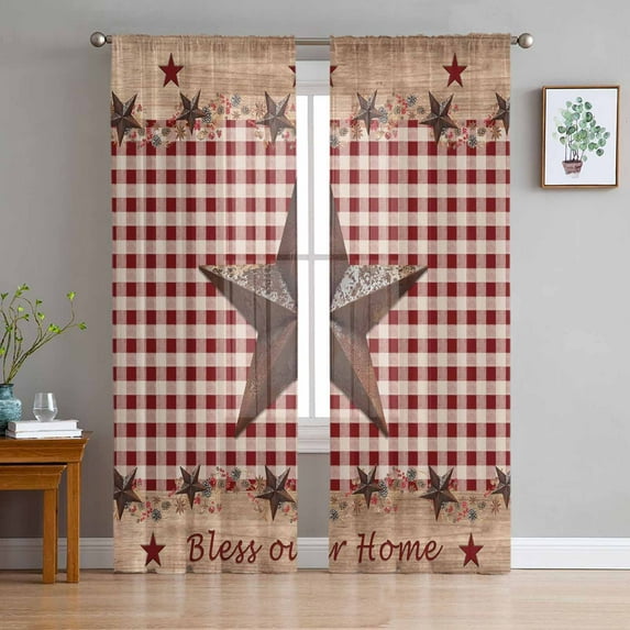 Country Star Farm Semi Sheer Curtains 84 Inch Length 2 Panels Set, Farmhouse Plaid Texas Vintage Fruit Sheer Kitchen Curtain Privacy Voile Window Curtain for Living Room Bedroom Rod Pocket Drapes