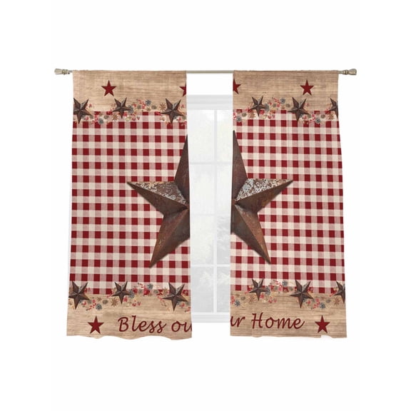 Country Star Farm Sheer Curtains 63 Inch Length 2 Panels Set, Semi Transparent Voile Rod Pocket Curtains for Living Dining Room Bedroom Drapes Farmhouse Plaid Texas Vintage Fruit