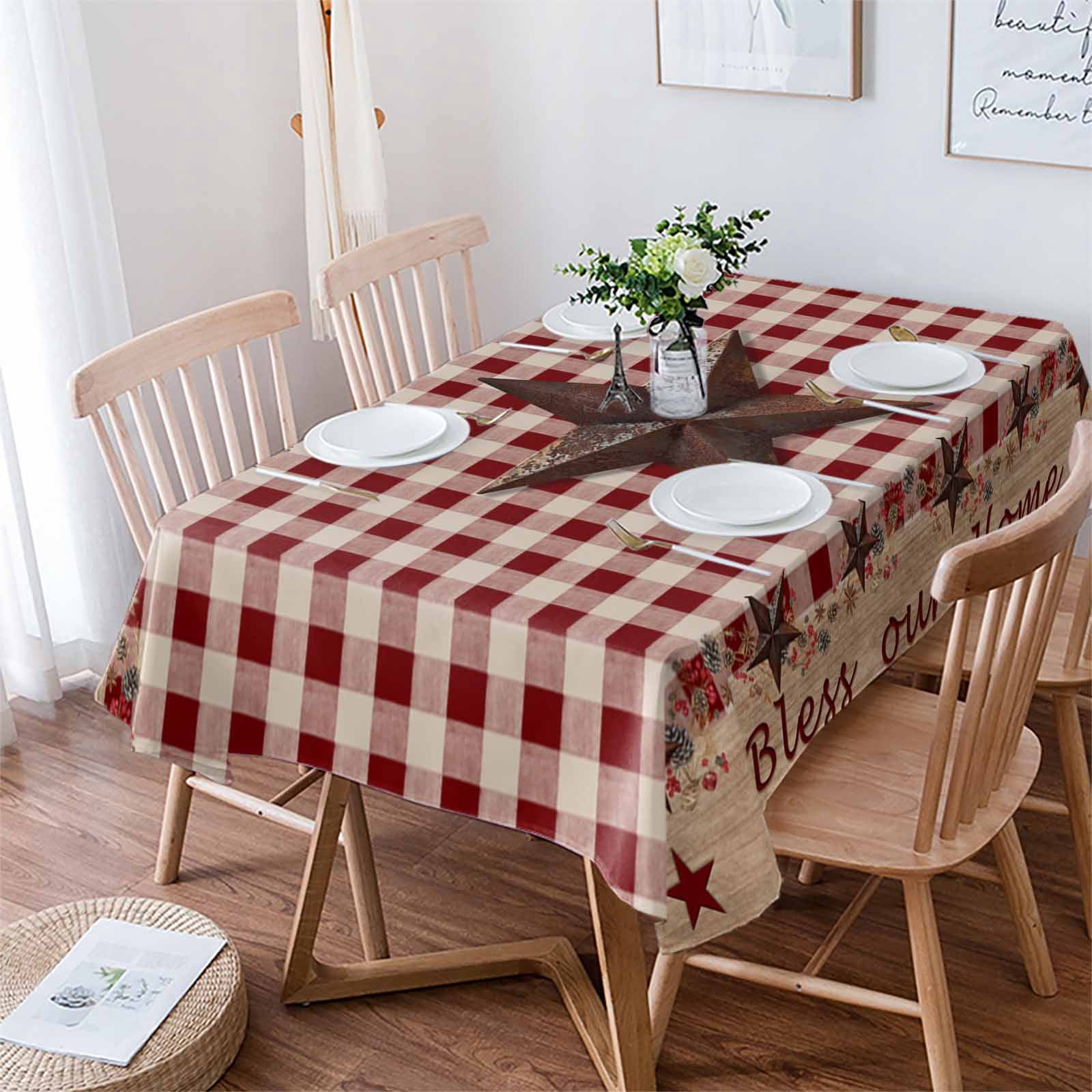 Country Star Farm Tablecloth Rectangle Table Cloth 60x102 , Waterproof Tablecloth Outdoor Table Cloth, Farmhouse Plaid Texas Vintage Fruit Washable Table Cover for Kitchen Dining Party