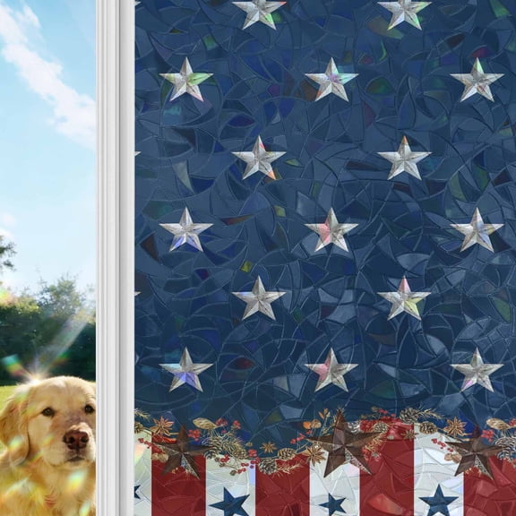 Country Star Farm Window Privacy Film Stain Glass,Reusable Decorative Rainbow Window Film,Red Blue Patriots Stripe American Flag Static Cling Sun Blocking Stickers Decals Covers 19.6" x 39.3" (2pcs)