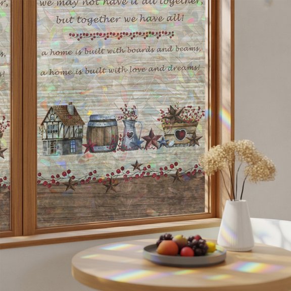 Country Star Farmhouse Vintage Wood Board Window Privacy Film,Heat Control Sun Blocking Static Cling Rainbow Film,Bless Home Non-Adhesive Glass Sticker Door Window Tint,17.7" x 39.3"