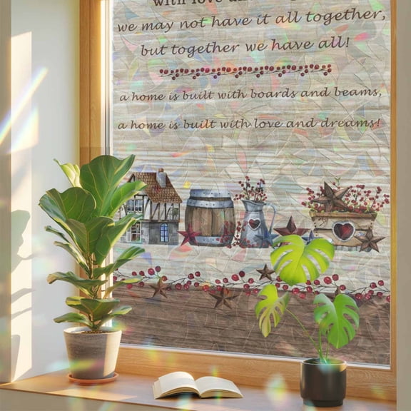 Country Star Farmhouse Vintage Wood Board Window Privacy Film, Rainbow Film Decorative Window Sticker 17.7x39.3in, Bless Home Sun Blocking Static Stained Glass Cling Tint Non-Adhesive