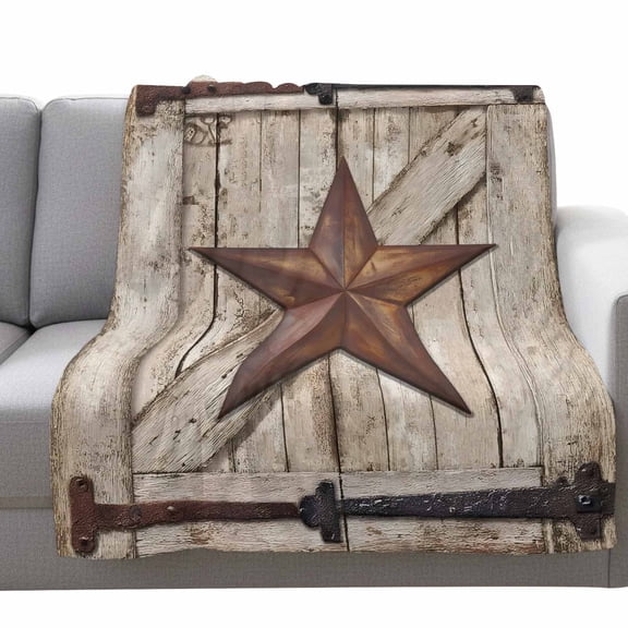Country Star Fleece Throw Blanket Lightweight Retro Rust Yellow Star Beige Farmhouse Door Fuzzy Flannel Throws Super Soft Cozy Flannel Blanket for Couch, Sofa, Bed, Travel 40"x50"