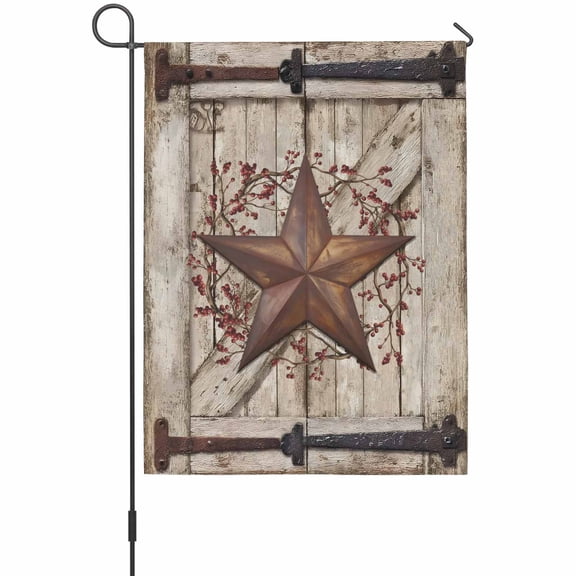 Country Star Garden Flag 12 x 18 Inches, VintageRust Yellow Star Berry Beige Barn Gate Weather Proof Outdoor Patio Flags Double Sided Small Garden Decoration for Yard Outside Home