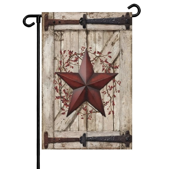 Country Star Garden Flag 28x40 Inch Vintage Dark Black Red Star Berry Beige Barn Gate Double Sided Small Decorative Garden Flags for Outside, Outdoor Yard Porch Lawn Decoration