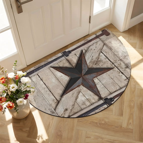 Country Star Half Circle Door Mat Front Door Mat, Retro Rust Grey Blue Star Beige Farmhouse Door Non Slip Washable Doormats Absorbent Welcome Low Profile Floor Mats for Indoor, 16" x 24"