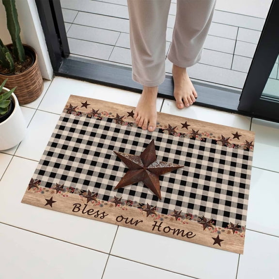 Country Star Indoor Door Mat 16x24 Inch Farmhouse Texas Star Vintage Black Plaid Front Door Mat Non Slip Washable Entryway Rug Low Profile Dirt Trapper Doormat for Bathroom Kitchen Bedroom