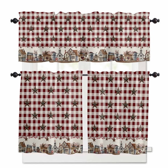 Country Star Kitchen Curtains Valances and Tiers Set of 3, 24 Inch Length Tier Curtains and Valance Rod Pocket Valance Curtains Set for Kitchen Bathroom Small Windows