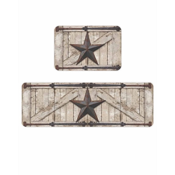 Country Star Kitchen Mats for Floor 2 Piece, Retro Rust Grey Blue Star Beige Farmhouse Door Absorbent Non-Slip Kitchen Rugs Comfort Standing Mat for Laundry, Hallways 23.6"x35.4"+23.6"x70.9"