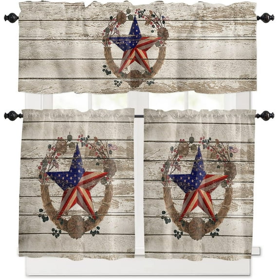 Country Star Live Laugh Love 3 Piece Kitchen Curtains Tiers and Valances Set, Rustic Berries Pine Cones Red Plaid Rod Pocket Short Window Treatment Tiers Curtains Panel and Valance for Cafe Bathroom