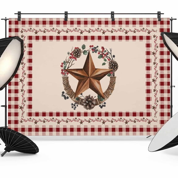 Country Star Plaid Backdrop for Photoshoot,Photography Photo Studio Background Wall Backdrop,Retro Western Farmhouse Barn Berry Back Drop Banner Panel for Portraits Wedding Live Streaming 12x8Ft