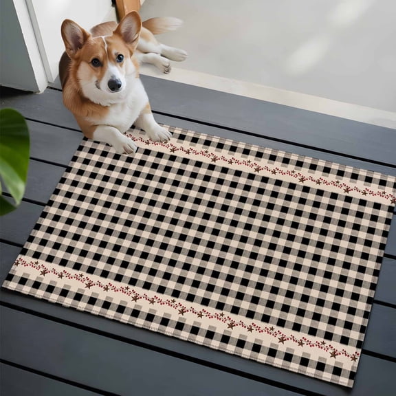 Country Star Plaid Bathroom Mat 2x3 FT, Non Slip Small Kitchen Mat, Black Retro American Farm Barn Berry Washable Backed Front Door Throw Rug Non-Shedding Indoor Outdoor Doormat for Entryway Sink