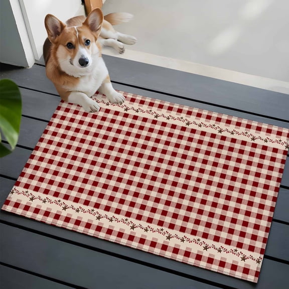 Country Star Plaid Bathroom Mat 2x3 FT, Non Slip Small Kitchen Mat, Retro Red American Farm Barn Berry Washable Backed Front Door Throw Rug Non-Shedding Indoor Outdoor Doormat for Entryway Sink
