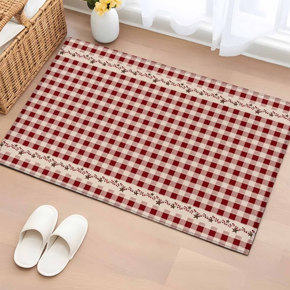 Country Star Plaid Bathroom Rug Washable 2x3 Entryway Rug Non Slip Retro Red American Farm Barn Berry Front Door Mat Low Pile Indoor Doormat Throw Floor Carpet for Kitchen Bedroom Entrance