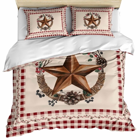 Country Star Plaid Bedding 3 Piece Duvet Cover Set California King, Retro Western Farmhouse Barn Berry Soft Microfiber Comforter Cover with Zipper Closure & Pillowcases, FadeResistant Quilt Cover