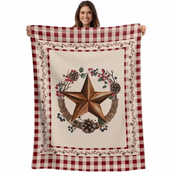 Country Star Plaid Blanket Soft Cozy Warm Throw Blanket for Couch, Plush Fuzzy Flannel Fleece Blankets for Sofa, Retro Western Farmhouse Barn Berry Bed Blankets Lightweight Gifts for Women, 40"x50"