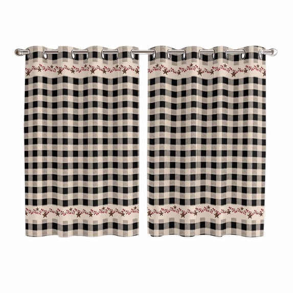 Country Star Plaid Kitchen Curtains 63 Inch Length, Black Retro American Farm Barn Berry Grommet Top Bedroom Living Room Curtains, Light Filtering Cafe Curtain Drapes 2 Panels Set 104''x63''