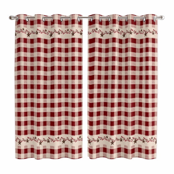Country Star Plaid Kitchen Curtains 63 Inch Length, Retro Red American Farm Barn Berry Grommet Top Bedroom Living Room Curtains, Light Filtering Cafe Curtain Drapes 2 Panels Set 84''x63''