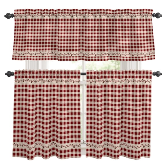 Country Star Plaid Kitchen Curtains,Kitchen Curtains and Valances Set of 3,Retro Red American Farm Barn Berry Light Filtering Tailored Tier Curtain 36 Inch Length Drapes for RV Cafe Bathroom Bedroom