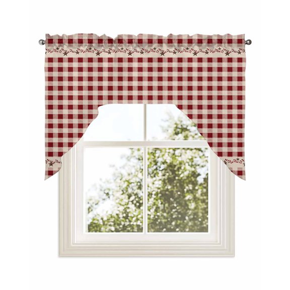 Country Star Plaid Kitchen Curtains Swag Valance for Windows/Bathroom/Cafe, Retro Red American Farm Barn Berry Rod Pocket Drape Panel Swag Curtains Valance for Bedroom/Living Room 56"x36"