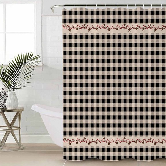 Country Star Plaid Long Shower Curtain Set, Waterproof Shower Curtains for Bathroom, Black Retro American Farm Barn Berry Washable Fabric Cloth Bath Curtain for Bathtub with Hooks 72x84 Inches