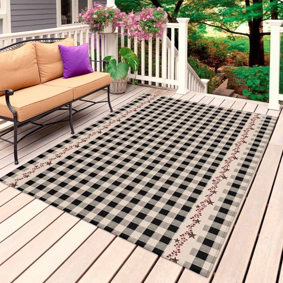 Country Star Plaid Outdoor Rug for Patio/Deck/Porch, Non-Slip Large Area Rug 3 x 5 Ft, Black Retro American Farm Barn Berry Indoor Outdoor Rugs Washable Area Rugs, Camping Rug Carpet Runner