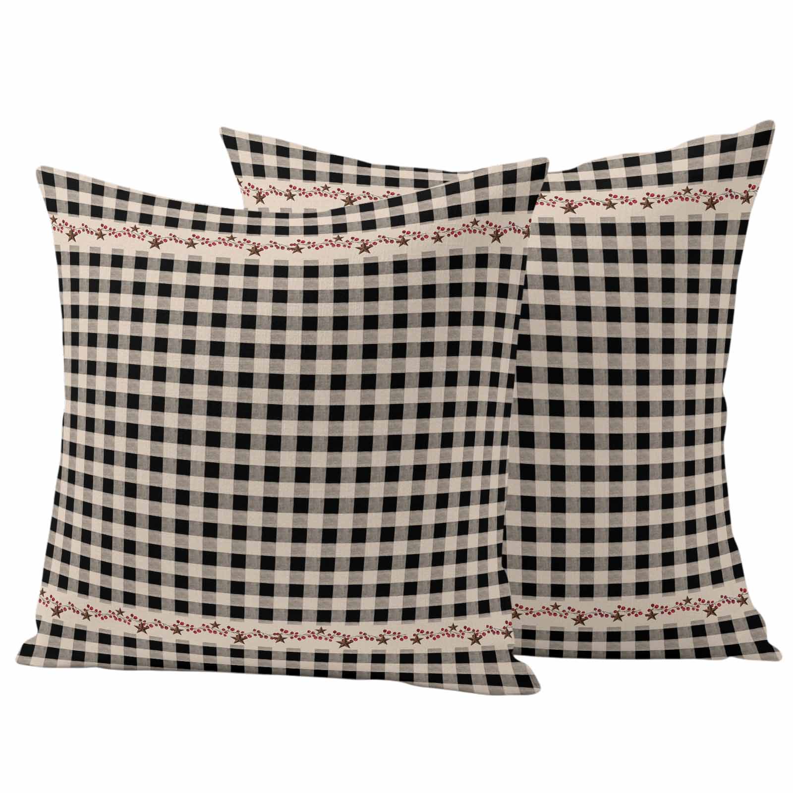 Country Star Plaid Outdoor Waterproof Pillow Covers, Black Retro American Farm Barn Berry Decorative Square Throw Pillowcase Sofa Cushion Sham for Patio/Couch/Chair, 16"x16" 2 Pack