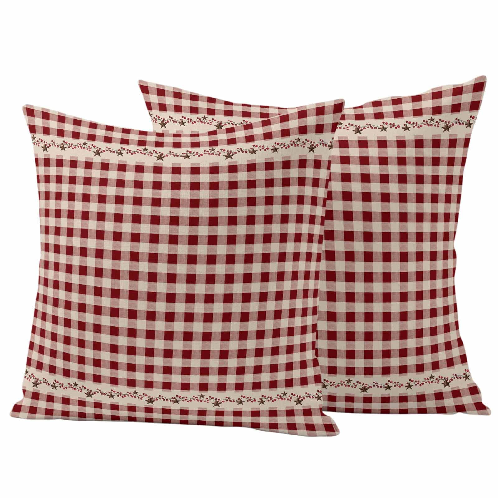 Country Star Plaid Outdoor Waterproof Pillow Covers, Retro Red American Farm Barn Berry Decorative Square Throw Pillowcase Sofa Cushion Sham for Patio/Couch/Chair, 18"x18" 2 Pack