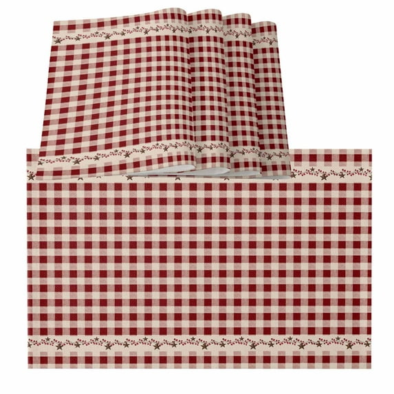 Country Star Plaid Placemats for Dinning Table Set of 4, Retro Red American Farm Barn Berry Burlap Kitchen Place Mats Waterproof Cloth Table Mats, Indoor Outdoor Placemats Easy Clean Dinner Decor