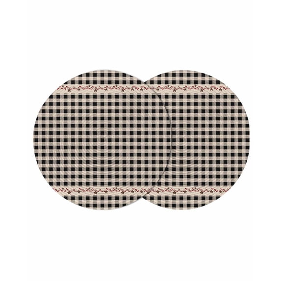 Country Star Plaid Round 15 Inch Placemats Set of 2, Black Retro American Farm Barn Berry HeatResistant Non Slip Place Mats for Dining Table, Wipeable Braided Kitchen Table Mats for Housewarming
